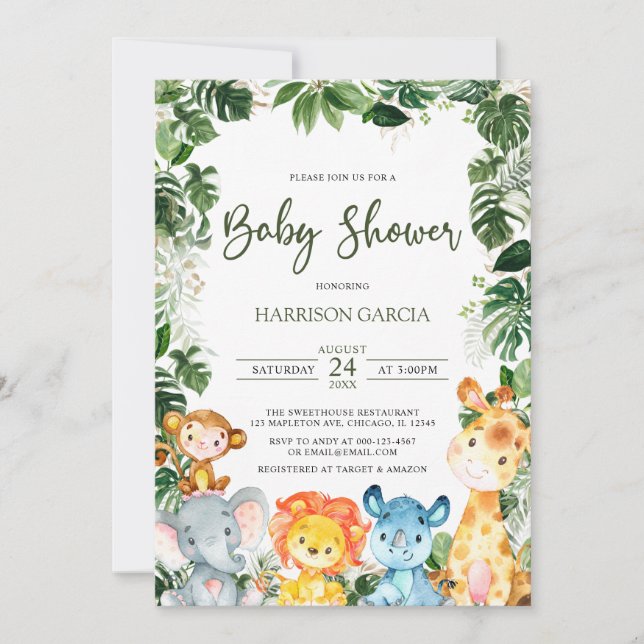 Invitación Greenery Baby Boy Safari Animals Baby Shower (Anverso)