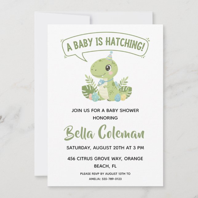 Invitación Greenery baby dinosaur baby shower invitations (Anverso)