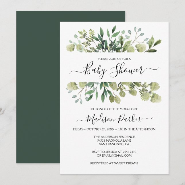 Invitación Greenery Baby Shower (Anverso / Reverso)