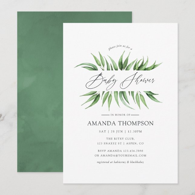 Invitación Greenery Baby Shower (Anverso / Reverso)