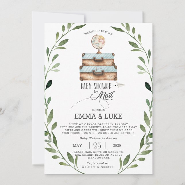 Invitación Greenery Baby Shower por Mail Long Distance Boy (Anverso)