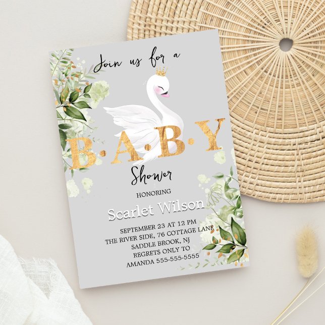 Invitación Greenery Baby Swan Princess Chica Baby Shower (Subido por el creador)