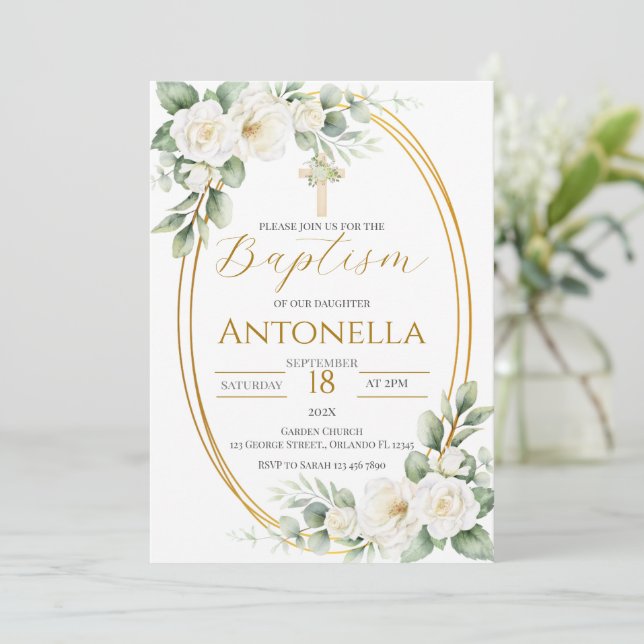 Invitación Greenery Baptism Invitation (Anverso de pie)