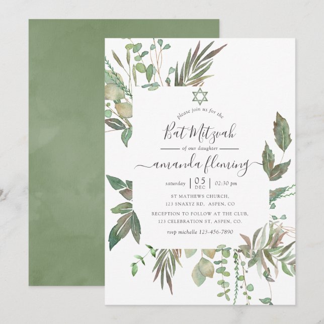Invitación Greenery Bat Mitzvah (Anverso / Reverso)