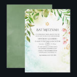 Invitación Greenery Bat Mitzvah Cristal Geométrico<br><div class="desc">Invitación de bat mitzvah de greenery de moda con marco geométrico dorado y lavado de acuarela verde salvia invertido diseñado para ser personalizado rápida y fácilmente según los detalles de su evento.</div>
