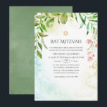 Invitación Greenery Bat Mitzvah Cristal Geométrico<br><div class="desc">Invitación de bat mitzvah de greenery de moda con marco geométrico dorado y lavado de acuarela verde salvia invertido diseñado para ser personalizado rápida y fácilmente según los detalles de su evento.</div>