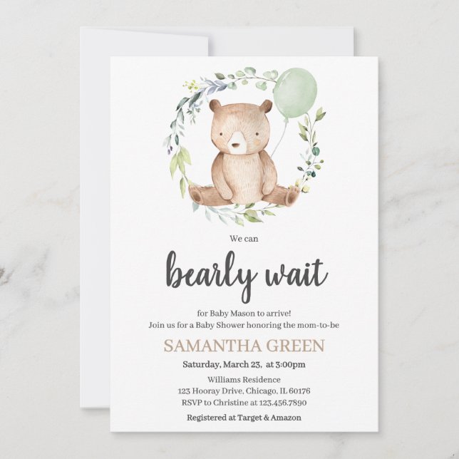 Invitación Greenery Bear Baby Shower (Anverso)