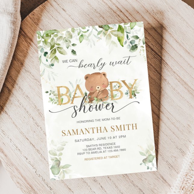 Invitación Greenery Bear Baby Shower (Bearly Wait Baby Shower Invitation)