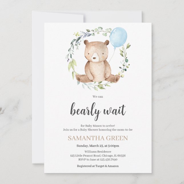 Invitación Greenery Bear Baby Shower (Anverso)