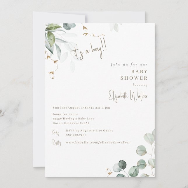 Invitación Greenery Blanco Es un Niño Fiesta de Bebé (Anverso)