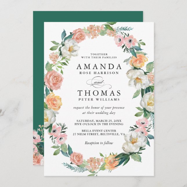 Invitación Greenery Bloom Garden Floral Wreath Boda (Anverso / Reverso)