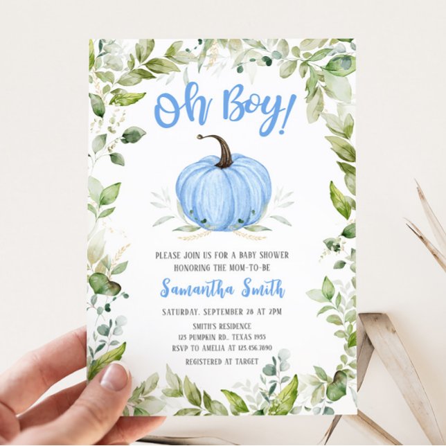 Invitación Greenery Blue Pumpkin Baby Shower (Oh Boy Pumpkin Baby Shower Invitation)