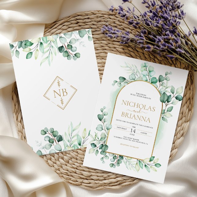 Invitación Greenery Boho Arch Eucalyptus Green Gold Boda (Subido por el creador)