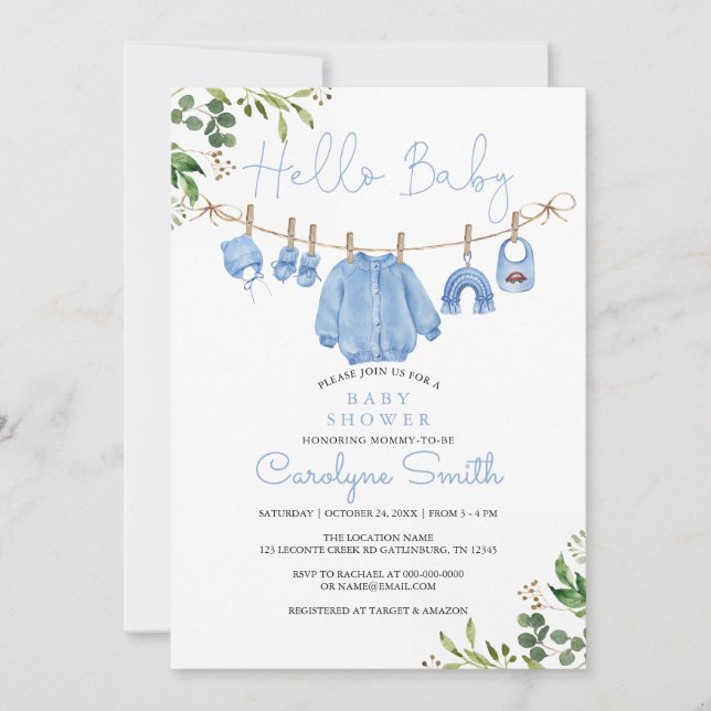 Invitación Greenery Boho Clothes Boy Baby Shower (Anverso)