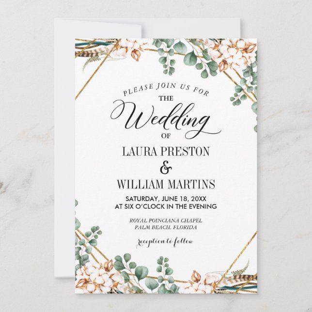 Invitación Greenery Boho Eucalyptus Purpurina Boda de marco (Anverso)