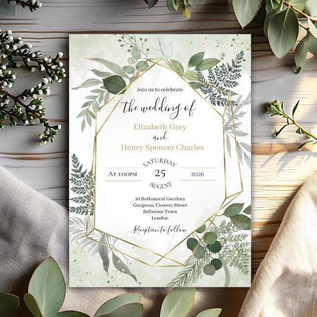 Invitación Greenery boho gold geometric watercolour wedding (Subido por el creador)
