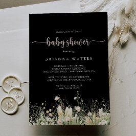 Invitación Greenery Boho Wildflower Black Baby Shower
