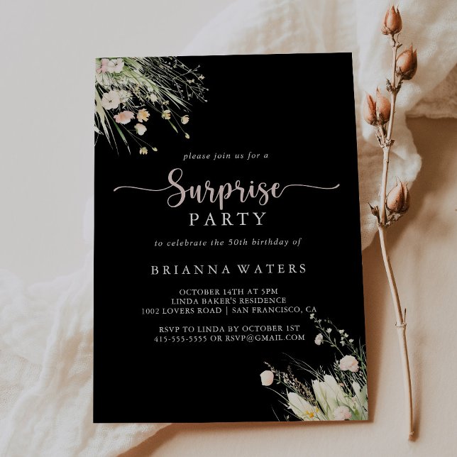 Invitación Greenery Boho Wildflower Fiesta de sorpresa negra (Subido por el creador)