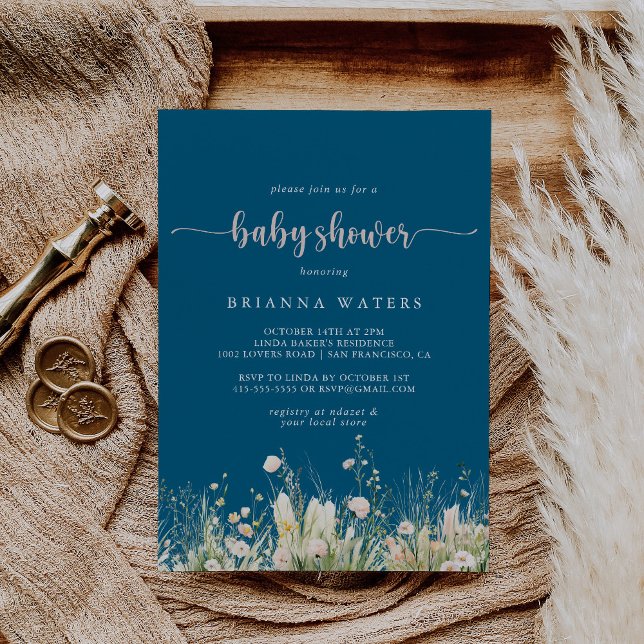Invitación Greenery Boho Wildflower Navy Baby Shower (Subido por el creador)