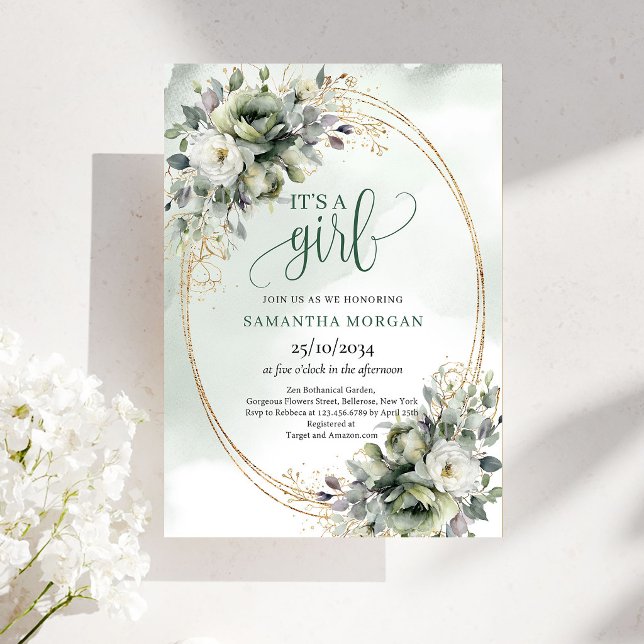 Invitación Greenery Botanical Gold Style It’s A Gi (Greenery Botanical Gold Style It’s A Girl Invitation)