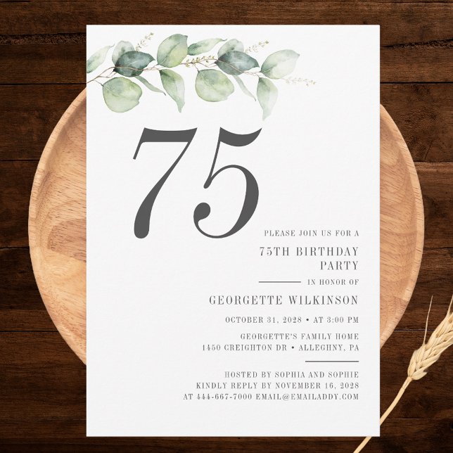 Invitación Greenery Botánico Eucalyptus 75º cumpleaños (Modern Eucalyptus Minimalist 75th Birthday Party Invitation)