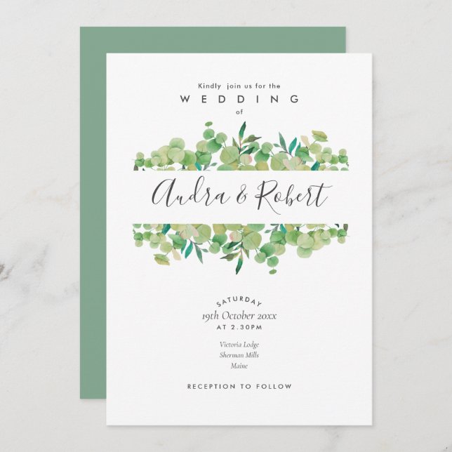 Invitación Greenery Botánico Eucalyptus Garland Boda (Anverso / Reverso)