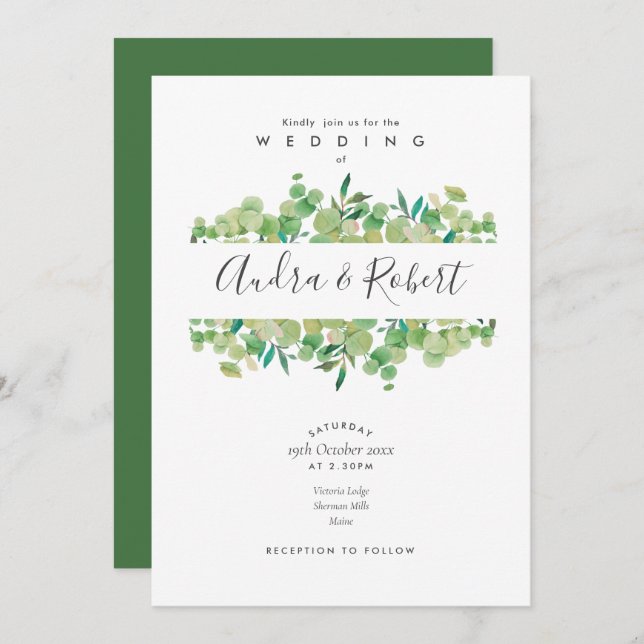 Invitación Greenery Botánico Eucalyptus Garland Boda (Anverso / Reverso)