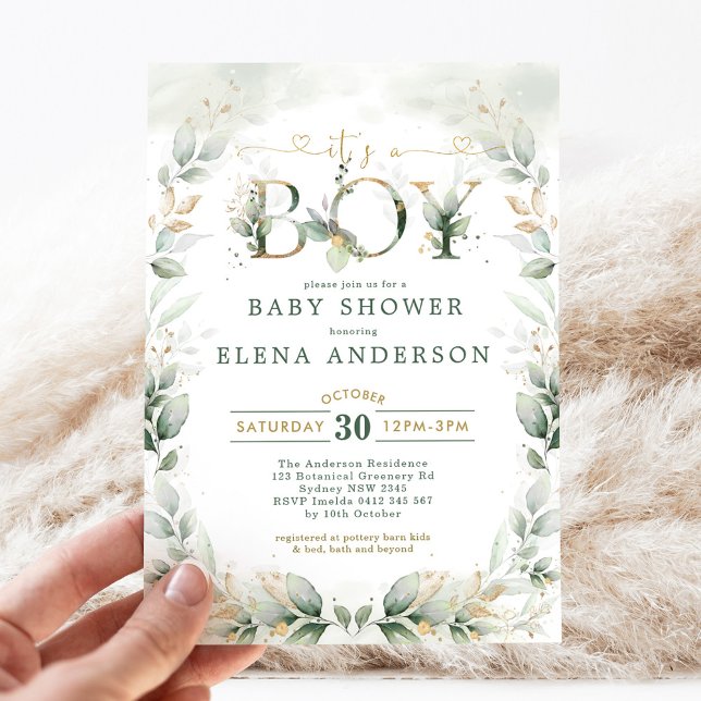 Invitación Greenery Botánico Gold Garden Baby Shower (Subido por el creador)