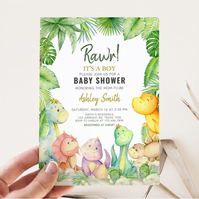 Invitación Greenery Boy Dinosaur Baby Shower (Rawr! It's a Boy Dino Baby Shower Invitation)