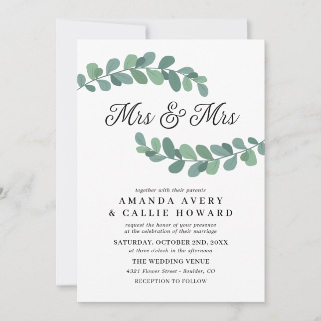 Invitación Greenery Branches Mrs & Mrs Boda (Anverso)
