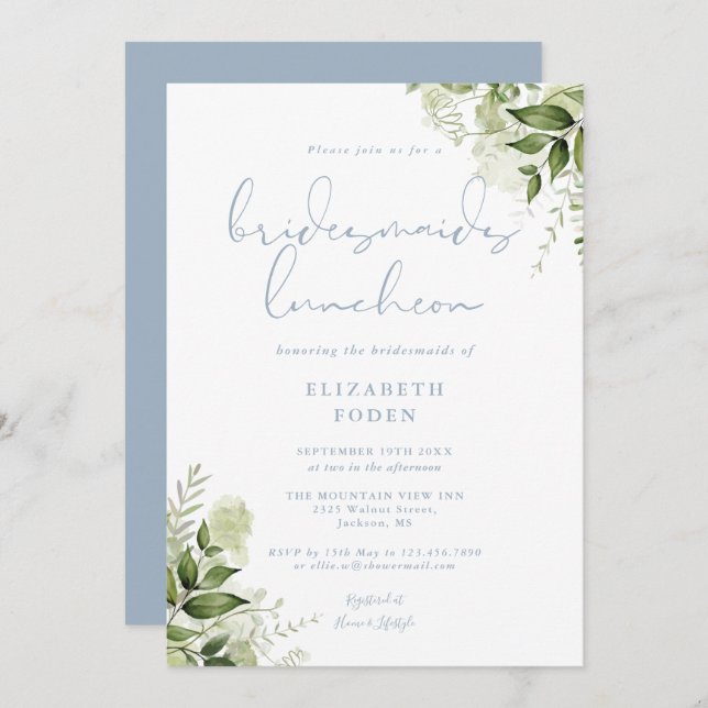Invitación Greenery Bridesmaids Luncheon Dusty Blue (Anverso / Reverso)