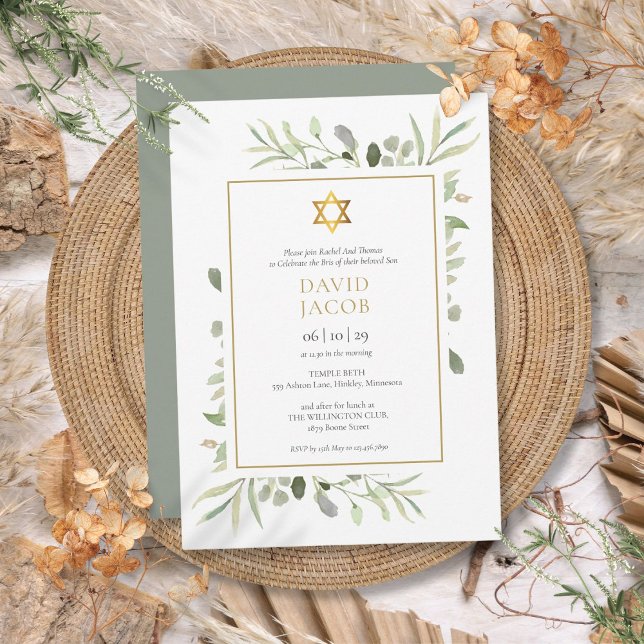 Invitación Greenery Brit Milah Nombre de Bebé Judí (Greenery Brit Milah Jewish Baby Naming Invitation)