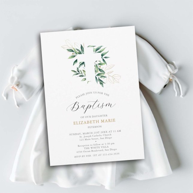 Invitación Greenery Cross Gold Foliage Bebé Baptismo (baptism invitation christening baby toddler greenery cross gold foliage elegant classy minimalist)