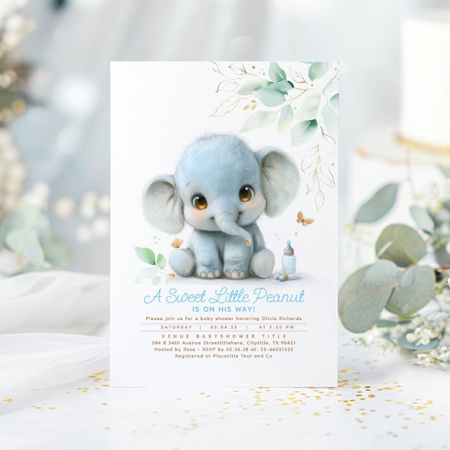 Invitación Greenery Cute Elephant Boy Baby Shower (Little Elephant Boy Baby Shower Invitations)