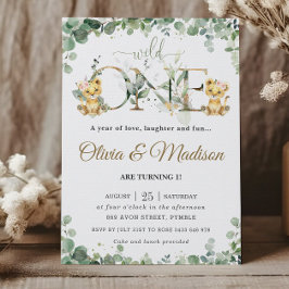 Invitación Greenery Cute Lion Cubs Chicas gemelos 1er cumplea