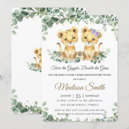 Invitación Greenery Cute Lion Cubs Twins Boy Chica Baby Showe