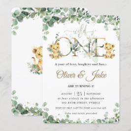 Invitación Greenery Cute Lion Cubs Twins Boys 1er cumpleaños 