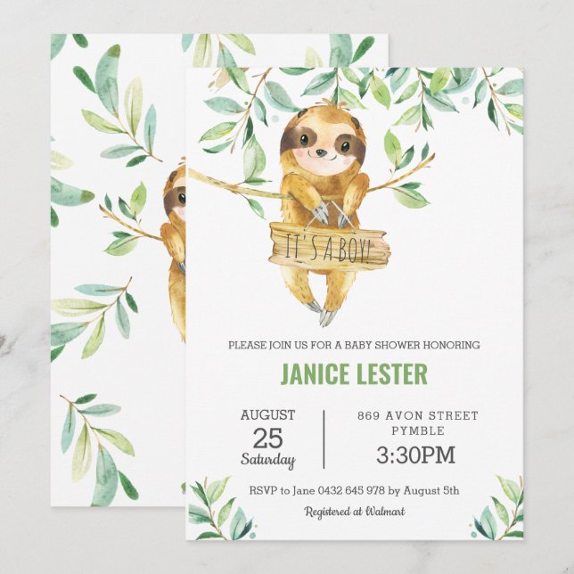 Invitación Greenery Cute Sloth Baby Shower Boy (Anverso / Reverso)