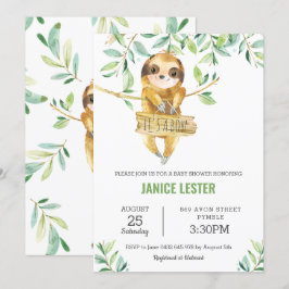 Invitación Greenery Cute Sloth Baby Shower Boy