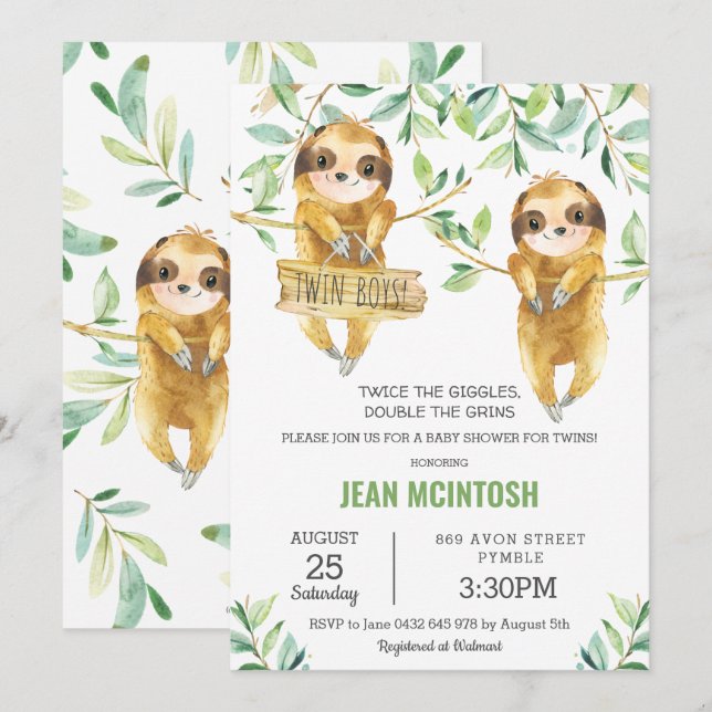 Invitación Greenery Cute Sloth Baby Shower Twin Boys Twins (Anverso / Reverso)