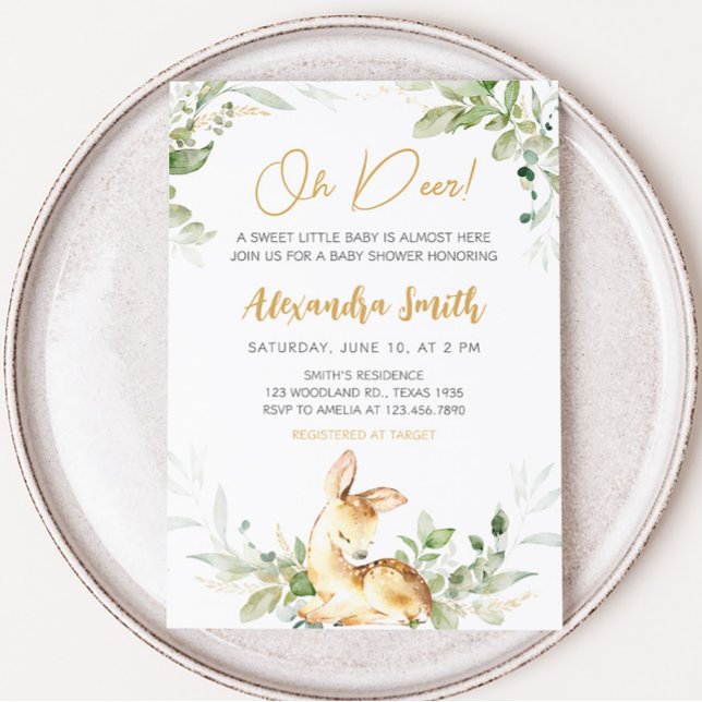 Invitación Greenery Deer Baby Shower (Woodland Greenery Deer Baby Shower Invitation)