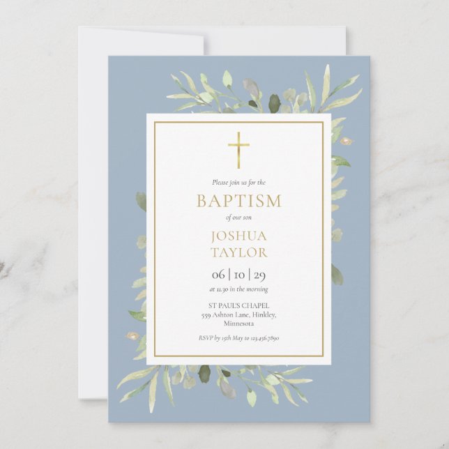 Invitación Greenery Dusty Blue Baptism Christening QR Code (Anverso)