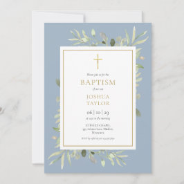 Invitación Greenery Dusty Blue Baptism Christening QR Code