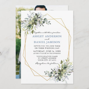 Invitación Greenery Dusty Blue Geo Frame Photo Back Boda