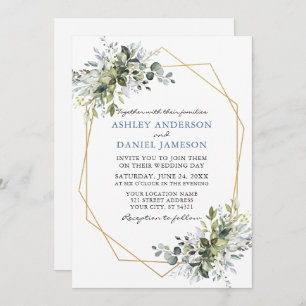 Invitación Greenery Dusty Blue Geo Frame Photo Boda