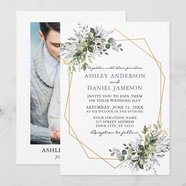 Invitación Greenery Dusty Blue Geo Frame Photo Boda (Anverso / Reverso)