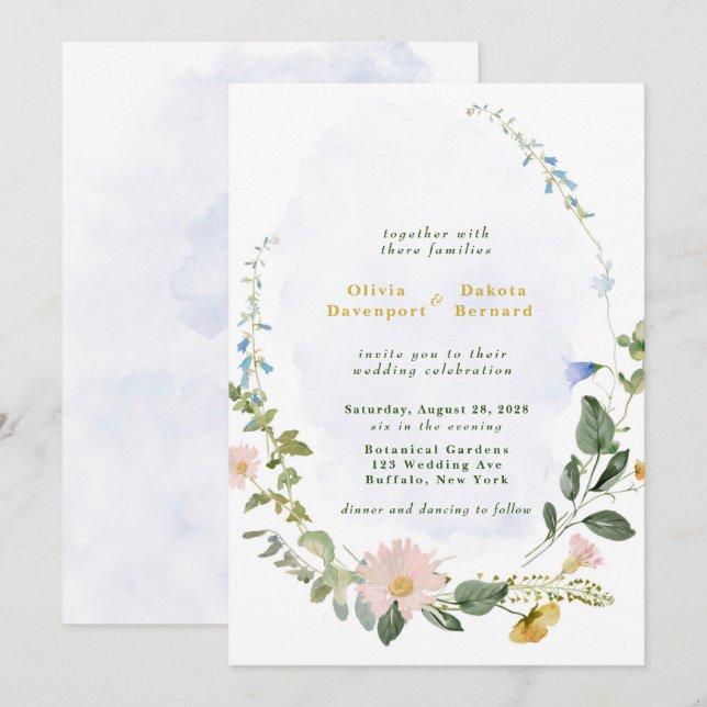Invitación Greenery Dusty Blue Gold Wildflowers Boda (Anverso / Reverso)