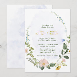 Invitación Greenery Dusty Blue Gold Wildflowers Boda