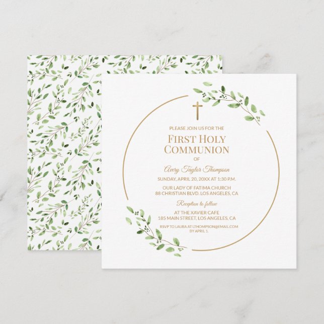 Invitación Greenery Elegant Gold Cross First Holy Communion  (Anverso / Reverso)