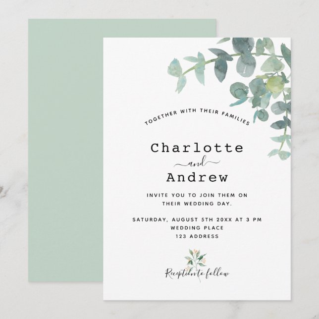 Invitación Greenery eucalipto boda blanca y elegante (Anverso / Reverso)